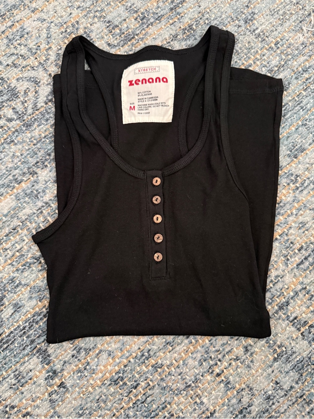 Zenana Outfitters Black Ribbed Henley Tank Top